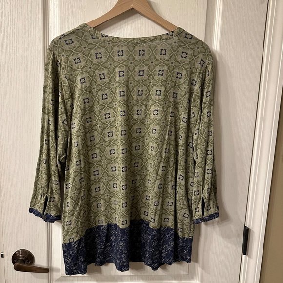 Lucky Brand 3/4 Sleeve Peasant Tunic Top Blouse 3XL Olive Green Blue Lightweight - Picture 7 of 8